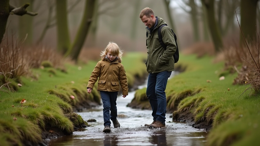 Parent helping child navigate a small stream crossing on woodland trail, child in boots, natural woodland setting with trees