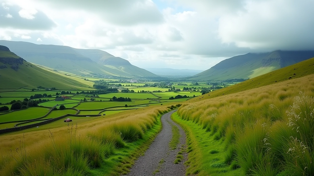 Scenic Irish walking trail through green countryside with mountains visible