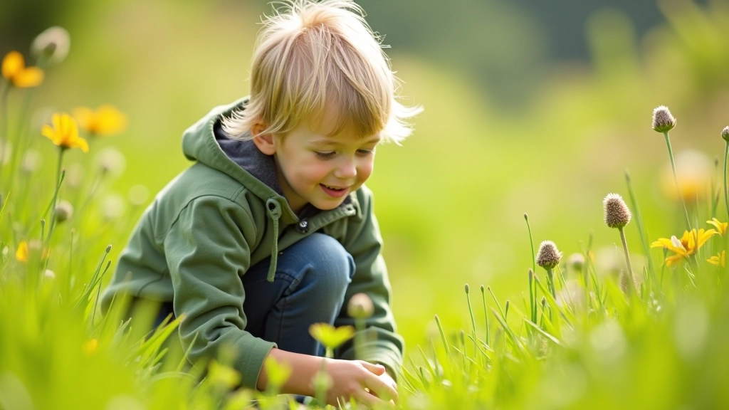 Child looking at wildflowers and plants along walking trail, close-up nature observation, bright daylight, scenic landscape background