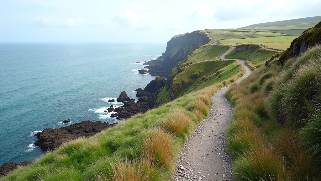 Rocky coastal cliff pathway with dramatic ocean views and sea spray, Irish Atlantic coastline