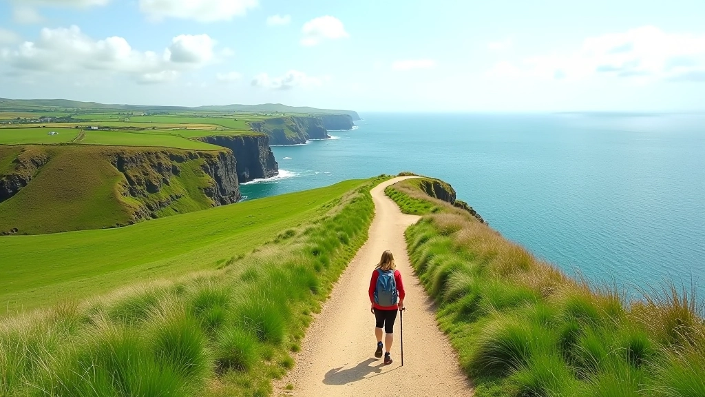 Scenic coastal cliff path along the Irish coast with green fields and ocean views stretching to the horizon