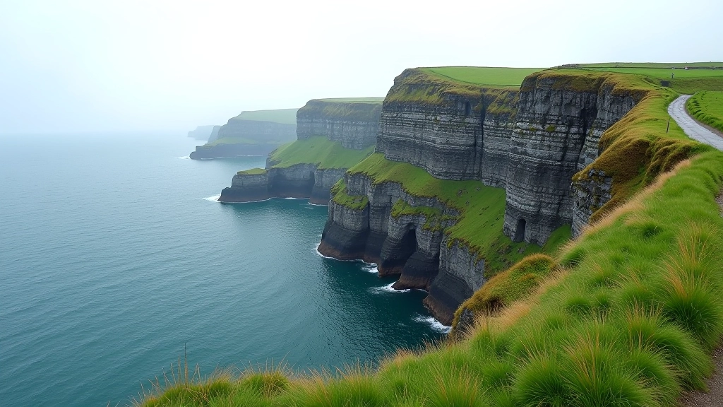 Dramatic limestone cliffs dropping into Atlantic Ocean, green cliff-top vegetation, coastal hiking trail