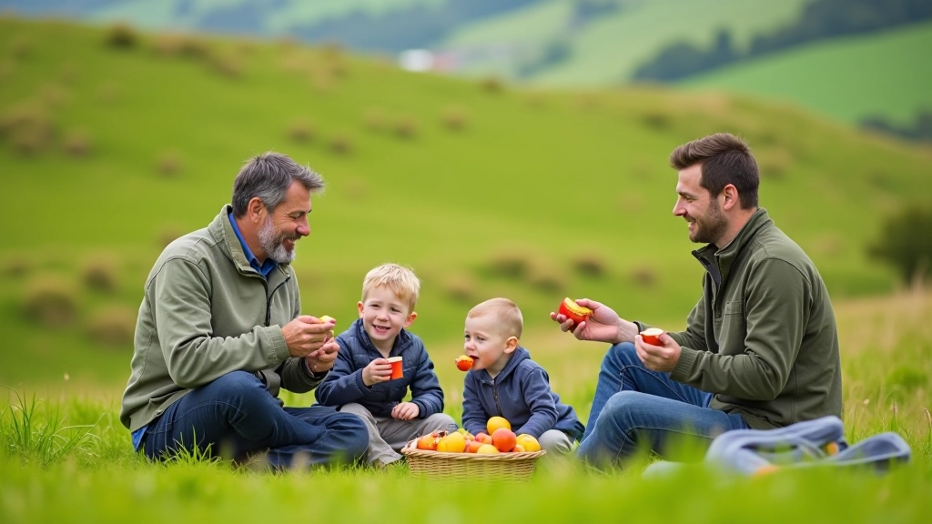 Family sitting on grass during picnic break on walking trail, parents and children with snacks and water, scenic hillside background