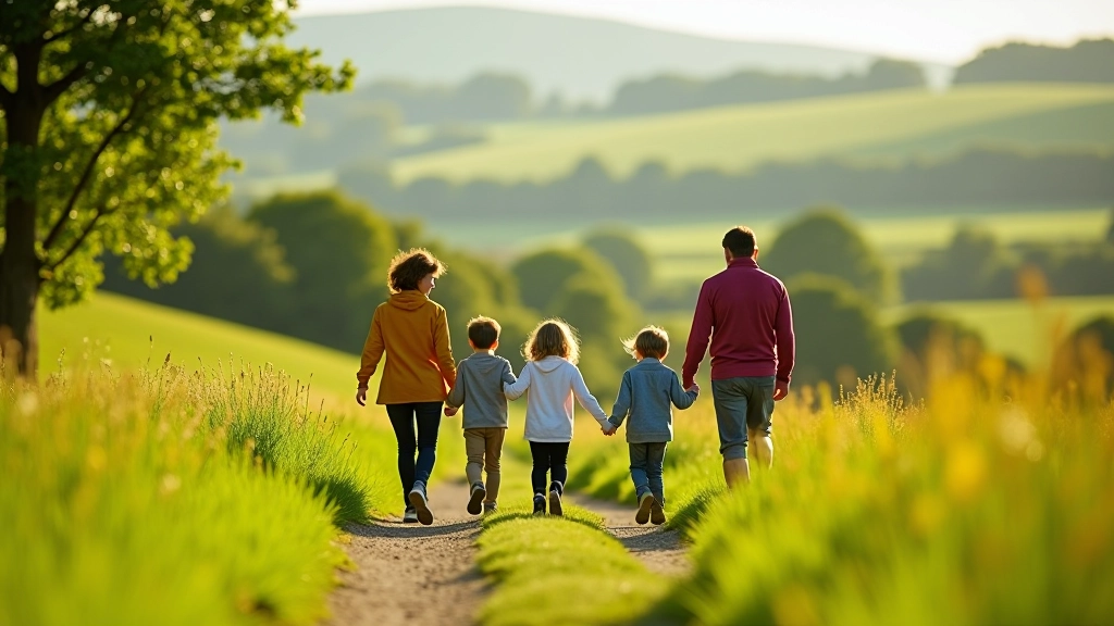 Family of four walking on gentle Irish countryside trail, children and adults enjoying outdoor walk