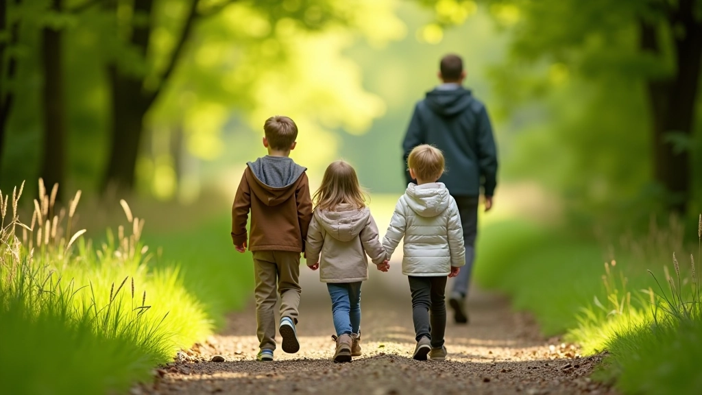 Family with young children walking on shaded tree-lined path in Irish countryside, dappled sunlight on trail, green forest surroundings
