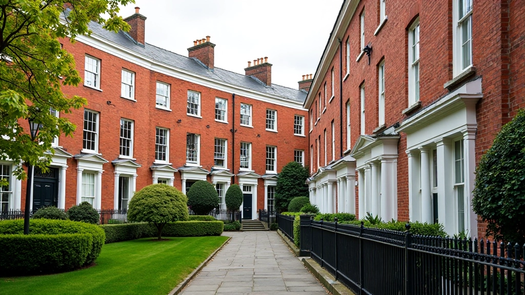 Georgian townhouses with distinctive red brick facades and white sash windows facing manicured green square with iron railings
