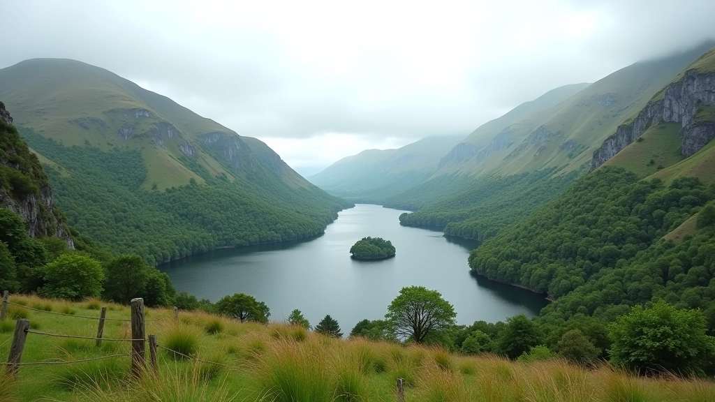 Glendalough valley with two pristine lakes, stone round tower, and forested mountainsides under overcast sky