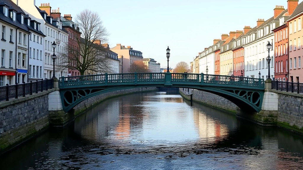 Ha'penny Bridge spanning the River Liffey with Dublin city skyline and historic buildings reflected in calm water