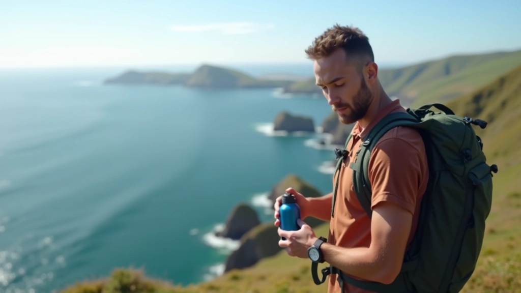 Hiker preparing gear on coastal trail, backpack and water bottle visible, outdoor walking equipment