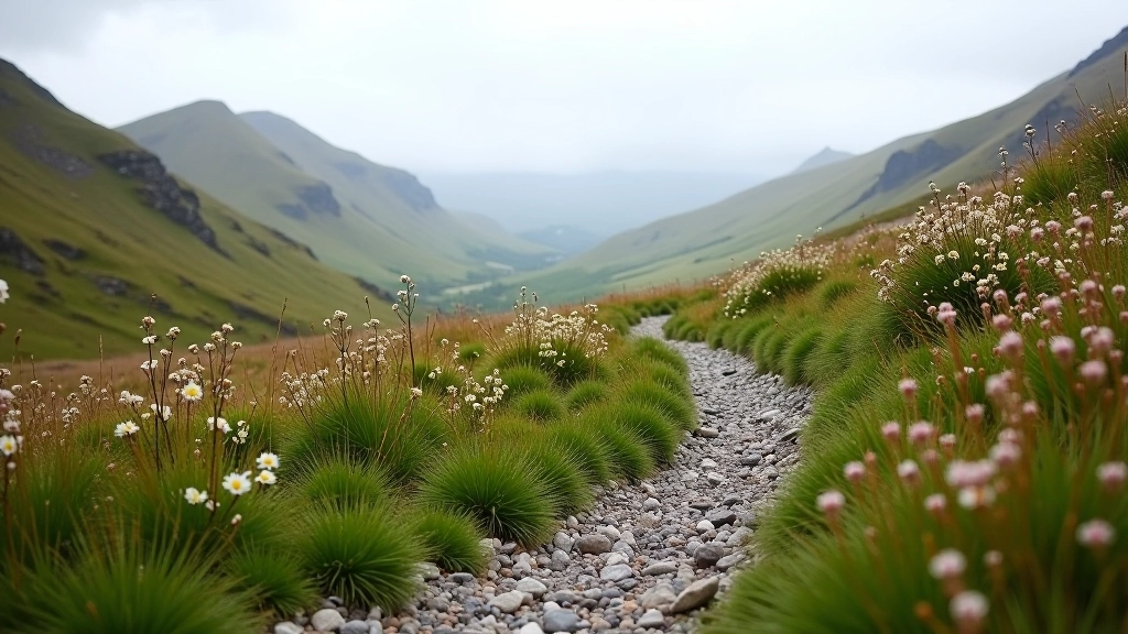Mountain trail winding through Wicklow landscape with wildflowers, rocky path, distant ridgeline, spring weather