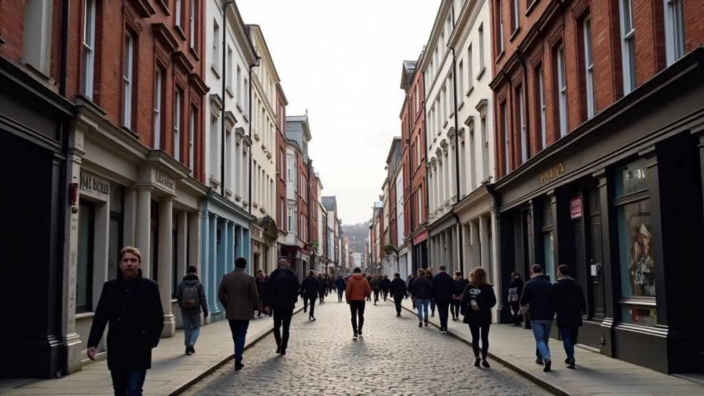 Historic Dublin street with Georgian architecture, Temple Bar area, traditional Irish buildings