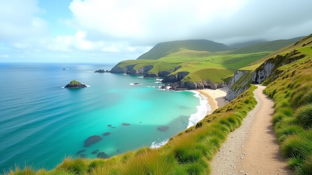 Dingle Peninsula coastal pathway with turquoise water below, golden sand beach, wild Atlantic coastline