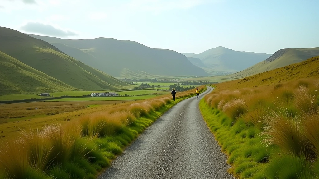 Scenic Irish countryside landscape with rolling green hills, distant mountains, and a well-maintained walking path stretching through moorland under clear sky