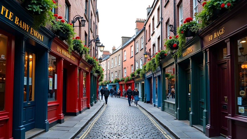 Narrow Temple Bar lane with traditional Irish pub storefronts and hanging flower baskets on both sides
